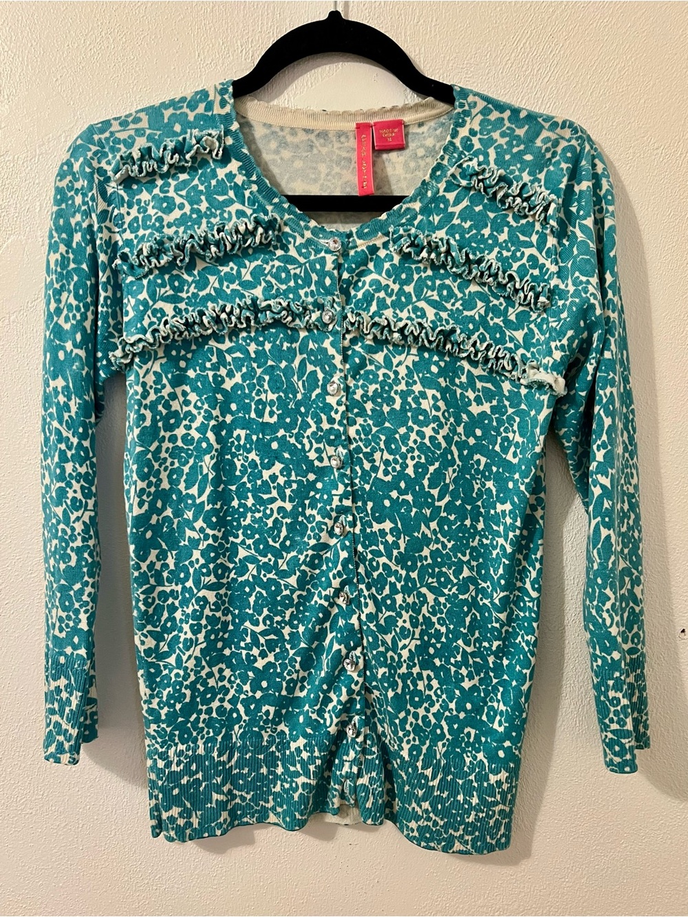 Charlotte Tarantola Teal Floral Ruffle Cardigan Sweater - Size Medium
